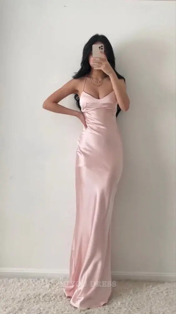 Sheath Halter Neck Pink Satin formal dresses Bridesmaid Dresses evening gown Prom Dress